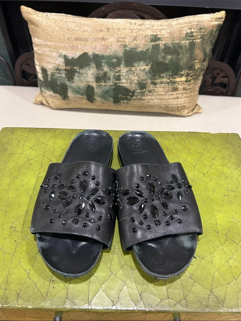 Tory Burch - 8.5 Black Jeweled Slide Sandals - Women's Slip-On Fashion Slides